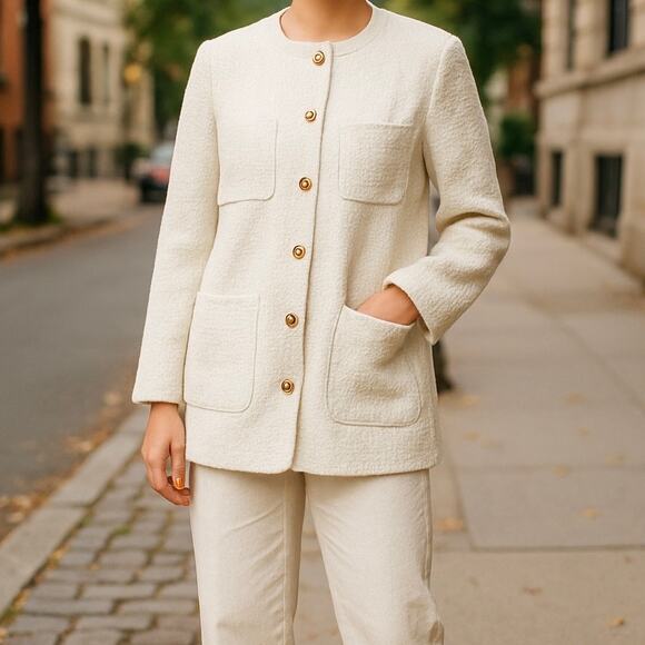 H&M Women's Collarless Tweed Blazer Jacket Large Cream - Picture 1 of 16